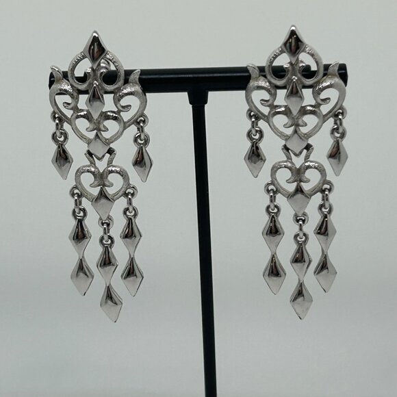 Monet Silver-Tone Chandelier Dangle Earrings With Ornate Design & Cascading Char - Picture 2 of 16